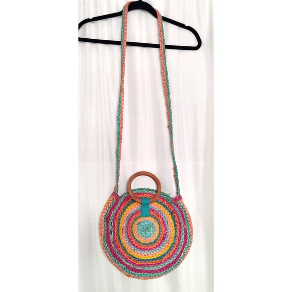 Astrid Round 100% Jute Bag with Strap and Handles Multicolor Circle Boho Sling - Picture 1 of 6
